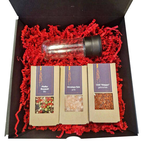 3 Gewürze mit individueller Etikettierung, inkl. Box und Gewürzmühle